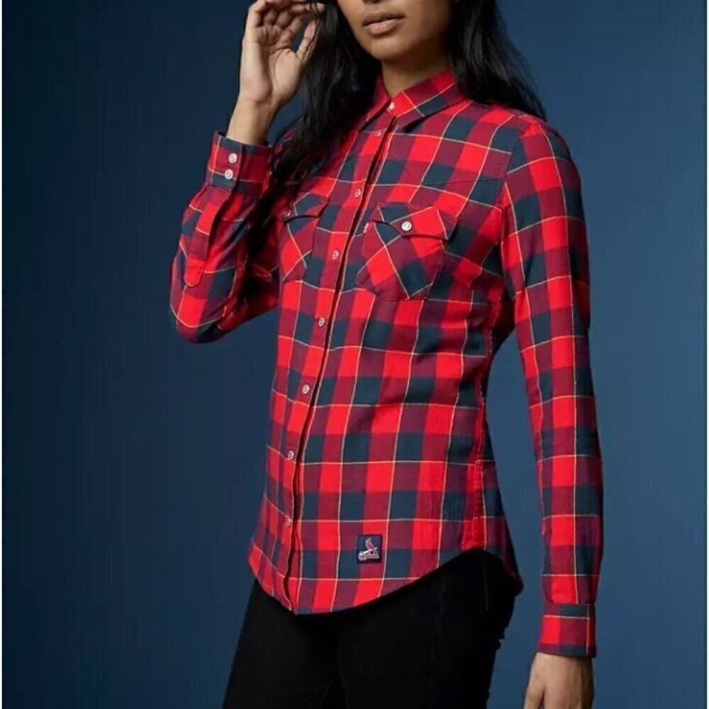 Levis MLB St Louis Cardinals Top Womens XL Red Grid Iron Plaid Western Flannel
